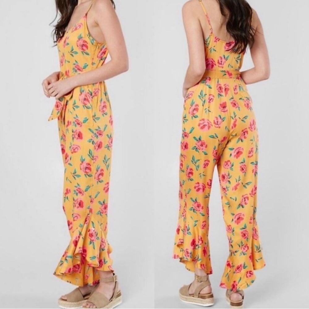 Billabong Yellow Floral Wide Leg Jumpsuit L